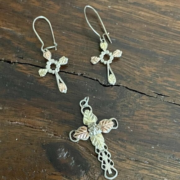 Black Hills Gold Cross Pendant & Earrings Set, Sterling Silver, Vintage* - Picture 1 of 8